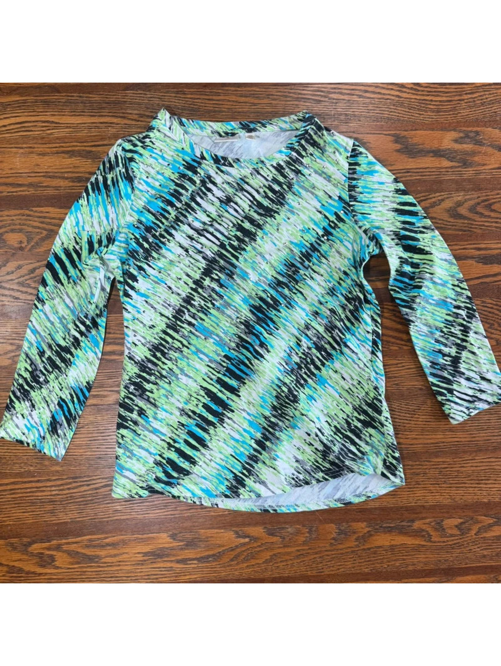 Rafaella Sport Long Sleeve Top Abstract Pattern Green Black Rhinestone Petite XS
